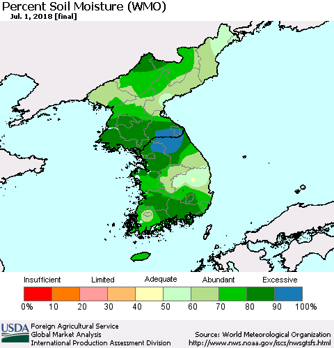 Korea Percent Soil Moisture (WMO) Thematic Map For 6/25/2018 - 7/1/2018