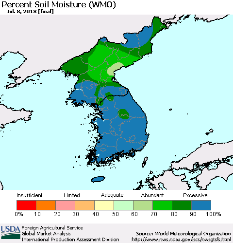 Korea Percent Soil Moisture (WMO) Thematic Map For 7/2/2018 - 7/8/2018