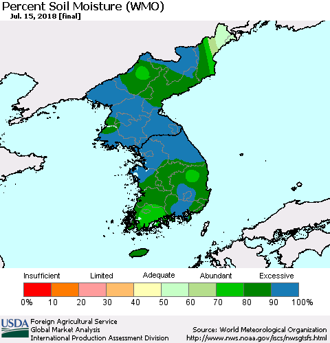 Korea Percent Soil Moisture (WMO) Thematic Map For 7/9/2018 - 7/15/2018