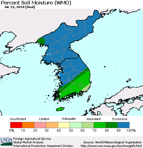 Korea Percent Soil Moisture (WMO) Thematic Map For 7/16/2018 - 7/22/2018