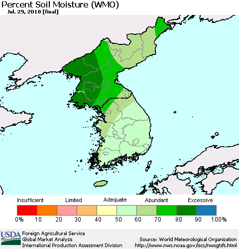 Korea Percent Soil Moisture (WMO) Thematic Map For 7/23/2018 - 7/29/2018