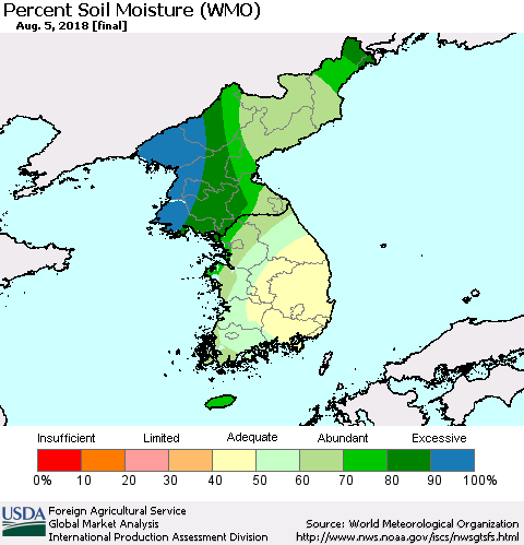 Korea Percent Soil Moisture (WMO) Thematic Map For 7/30/2018 - 8/5/2018