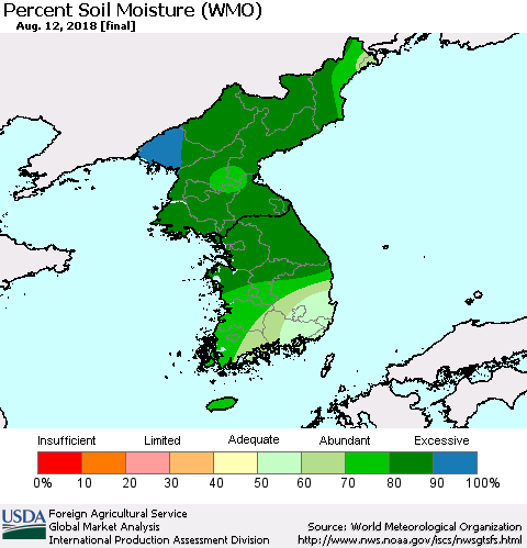Korea Percent Soil Moisture (WMO) Thematic Map For 8/6/2018 - 8/12/2018