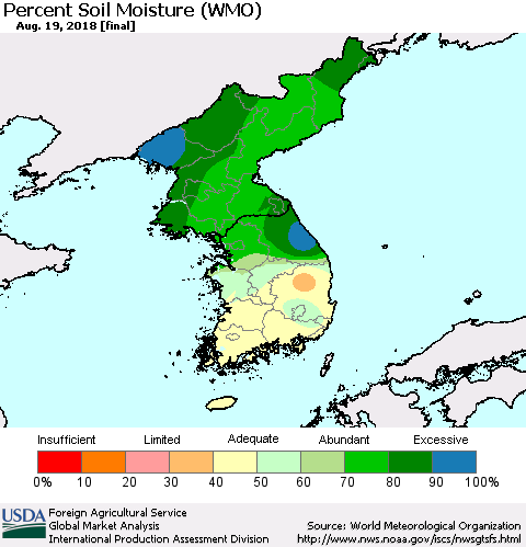 Korea Percent Soil Moisture (WMO) Thematic Map For 8/13/2018 - 8/19/2018