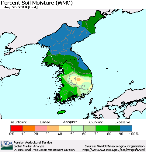 Korea Percent Soil Moisture (WMO) Thematic Map For 8/20/2018 - 8/26/2018