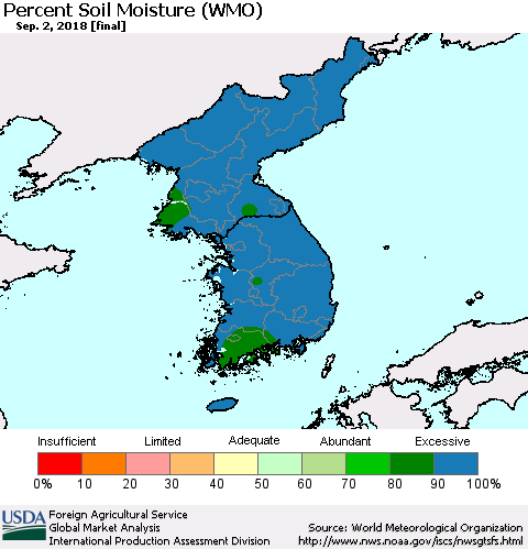 Korea Percent Soil Moisture (WMO) Thematic Map For 8/27/2018 - 9/2/2018