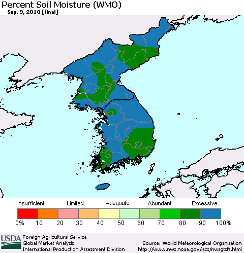 Korea Percent Soil Moisture (WMO) Thematic Map For 9/3/2018 - 9/9/2018