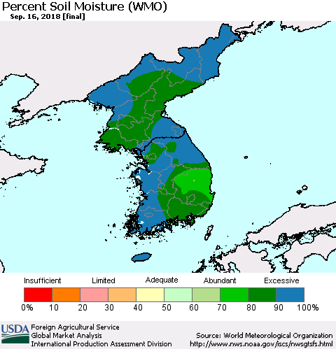 Korea Percent Soil Moisture (WMO) Thematic Map For 9/10/2018 - 9/16/2018