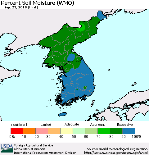 Korea Percent Soil Moisture (WMO) Thematic Map For 9/17/2018 - 9/23/2018