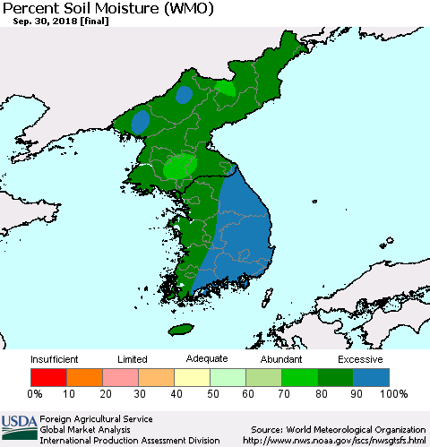 Korea Percent Soil Moisture (WMO) Thematic Map For 9/24/2018 - 9/30/2018