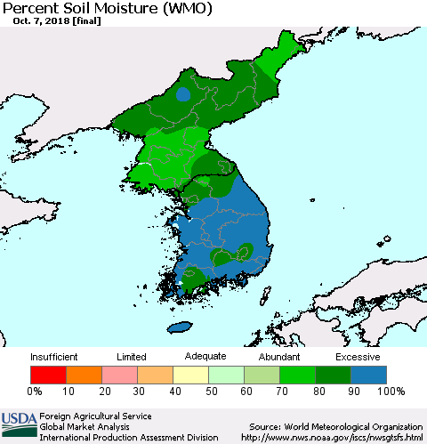 Korea Percent Soil Moisture (WMO) Thematic Map For 10/1/2018 - 10/7/2018