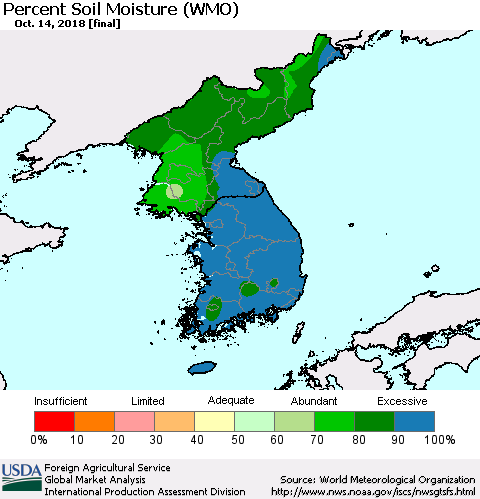 Korea Percent Soil Moisture (WMO) Thematic Map For 10/8/2018 - 10/14/2018