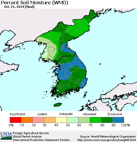 Korea Percent Soil Moisture (WMO) Thematic Map For 10/15/2018 - 10/21/2018