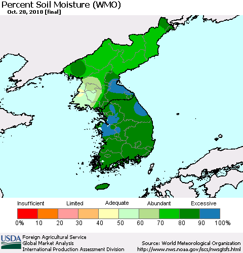 Korea Percent Soil Moisture (WMO) Thematic Map For 10/22/2018 - 10/28/2018