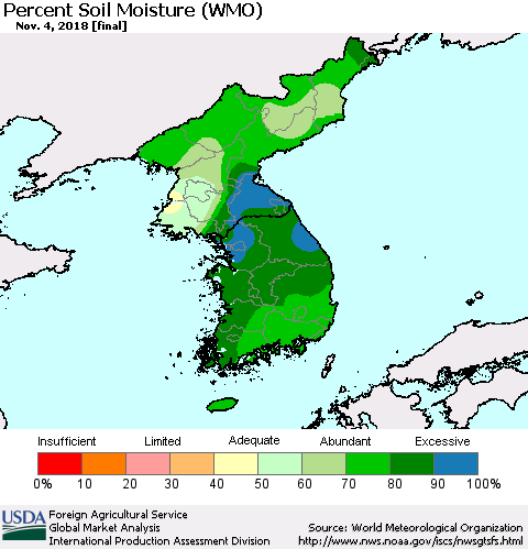 Korea Percent Soil Moisture (WMO) Thematic Map For 10/29/2018 - 11/4/2018