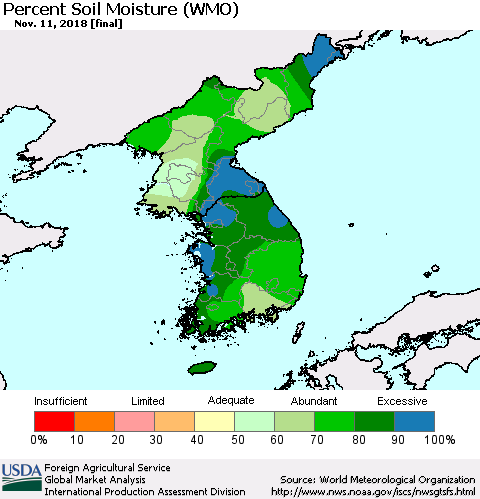 Korea Percent Soil Moisture (WMO) Thematic Map For 11/5/2018 - 11/11/2018