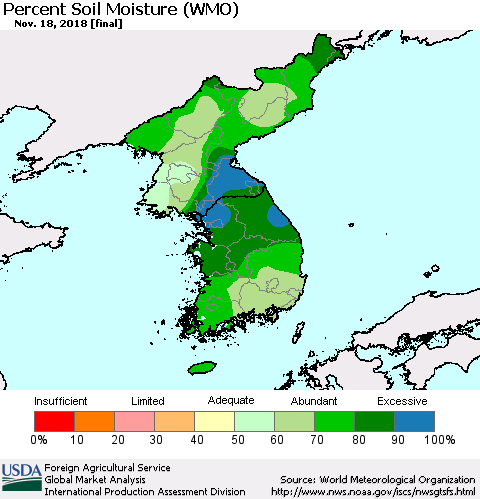 Korea Percent Soil Moisture (WMO) Thematic Map For 11/12/2018 - 11/18/2018