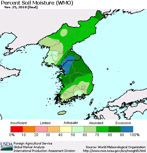 Korea Percent Soil Moisture (WMO) Thematic Map For 11/19/2018 - 11/25/2018