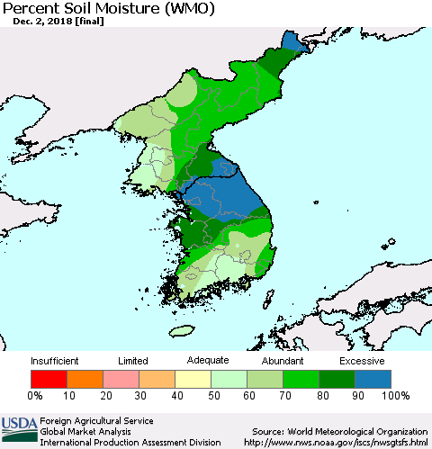 Korea Percent Soil Moisture (WMO) Thematic Map For 11/26/2018 - 12/2/2018