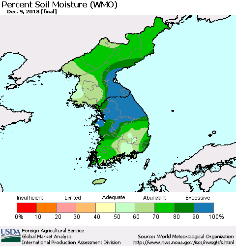 Korea Percent Soil Moisture (WMO) Thematic Map For 12/3/2018 - 12/9/2018