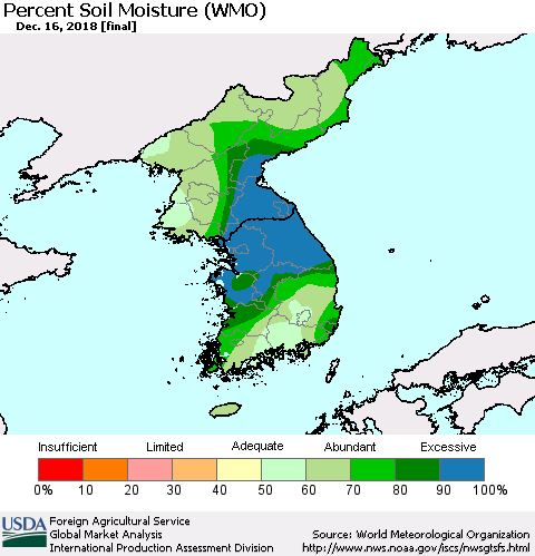 Korea Percent Soil Moisture (WMO) Thematic Map For 12/10/2018 - 12/16/2018