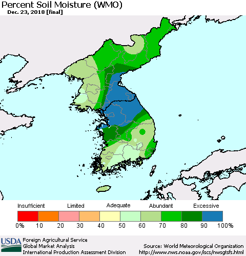 Korea Percent Soil Moisture (WMO) Thematic Map For 12/17/2018 - 12/23/2018
