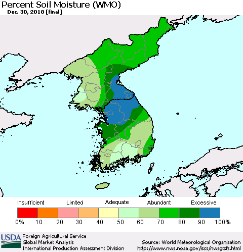 Korea Percent Soil Moisture (WMO) Thematic Map For 12/24/2018 - 12/30/2018