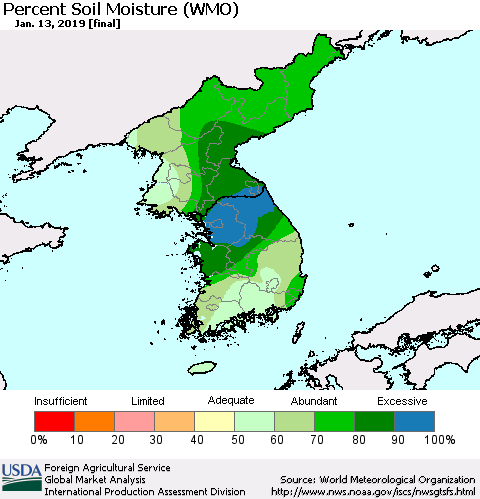 Korea Percent Soil Moisture (WMO) Thematic Map For 1/7/2019 - 1/13/2019