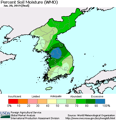 Korea Percent Soil Moisture (WMO) Thematic Map For 1/14/2019 - 1/20/2019