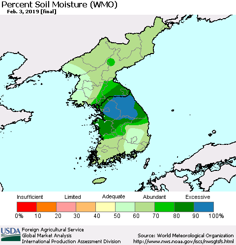 Korea Percent Soil Moisture (WMO) Thematic Map For 1/28/2019 - 2/3/2019
