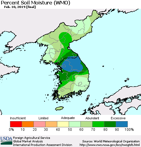 Korea Percent Soil Moisture (WMO) Thematic Map For 2/4/2019 - 2/10/2019
