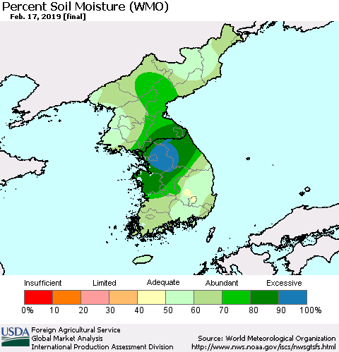 Korea Percent Soil Moisture (WMO) Thematic Map For 2/11/2019 - 2/17/2019