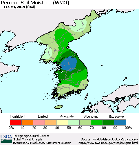 Korea Percent Soil Moisture (WMO) Thematic Map For 2/18/2019 - 2/24/2019