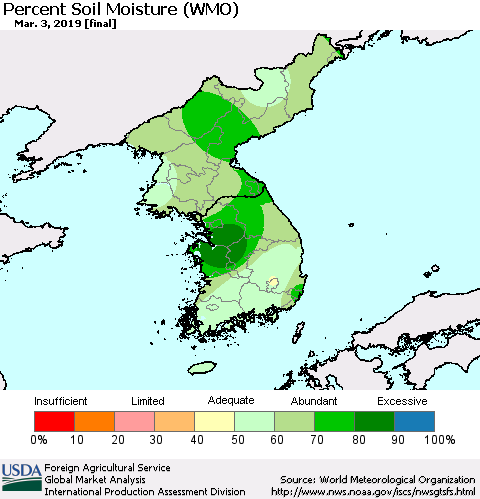 Korea Percent Soil Moisture (WMO) Thematic Map For 2/25/2019 - 3/3/2019