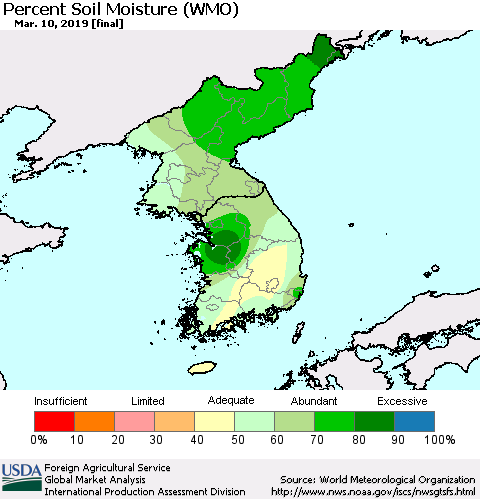 Korea Percent Soil Moisture (WMO) Thematic Map For 3/4/2019 - 3/10/2019