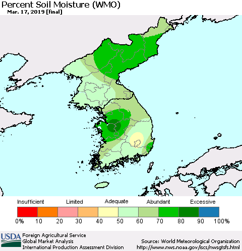 Korea Percent Soil Moisture (WMO) Thematic Map For 3/11/2019 - 3/17/2019
