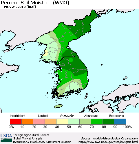 Korea Percent Soil Moisture (WMO) Thematic Map For 3/18/2019 - 3/24/2019