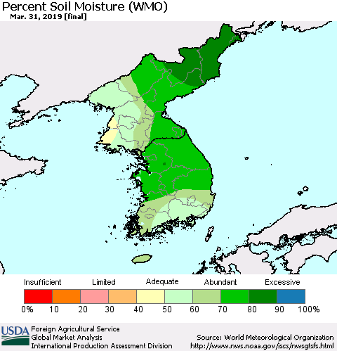 Korea Percent Soil Moisture (WMO) Thematic Map For 3/25/2019 - 3/31/2019
