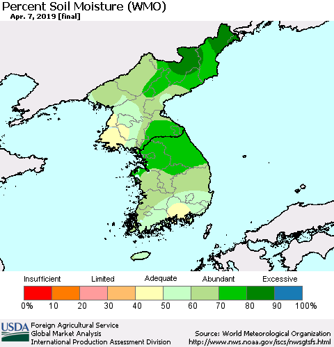 Korea Percent Soil Moisture (WMO) Thematic Map For 4/1/2019 - 4/7/2019