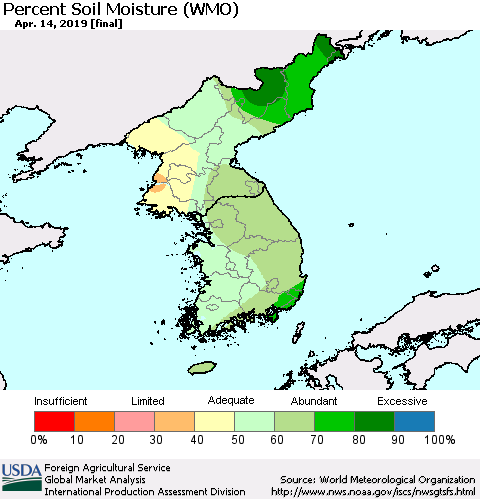 Korea Percent Soil Moisture (WMO) Thematic Map For 4/8/2019 - 4/14/2019