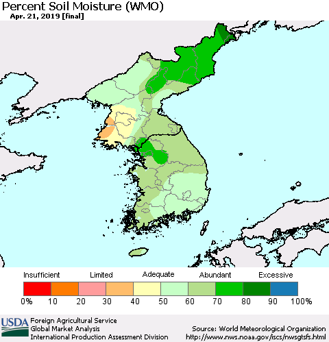 Korea Percent Soil Moisture (WMO) Thematic Map For 4/15/2019 - 4/21/2019