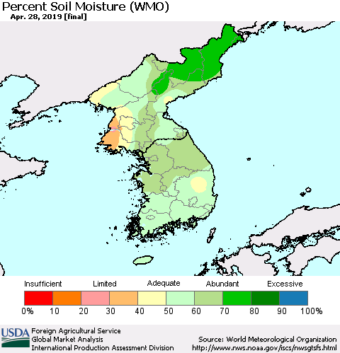 Korea Percent Soil Moisture (WMO) Thematic Map For 4/22/2019 - 4/28/2019