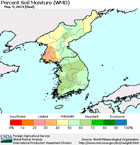 Korea Percent Soil Moisture (WMO) Thematic Map For 4/29/2019 - 5/5/2019