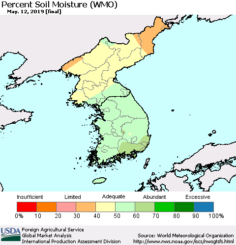 Korea Percent Soil Moisture (WMO) Thematic Map For 5/6/2019 - 5/12/2019