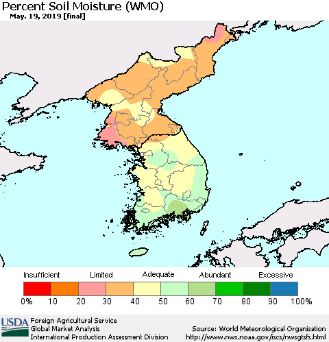 Korea Percent Soil Moisture (WMO) Thematic Map For 5/13/2019 - 5/19/2019