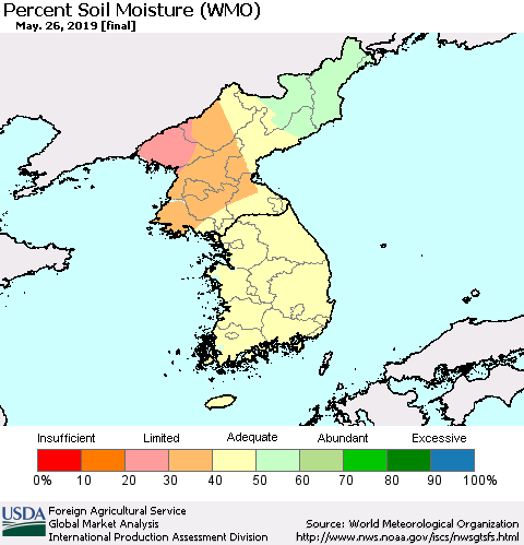 Korea Percent Soil Moisture (WMO) Thematic Map For 5/20/2019 - 5/26/2019