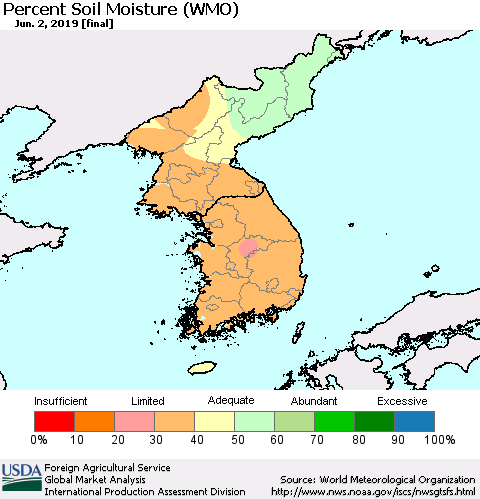 Korea Percent Soil Moisture (WMO) Thematic Map For 5/27/2019 - 6/2/2019