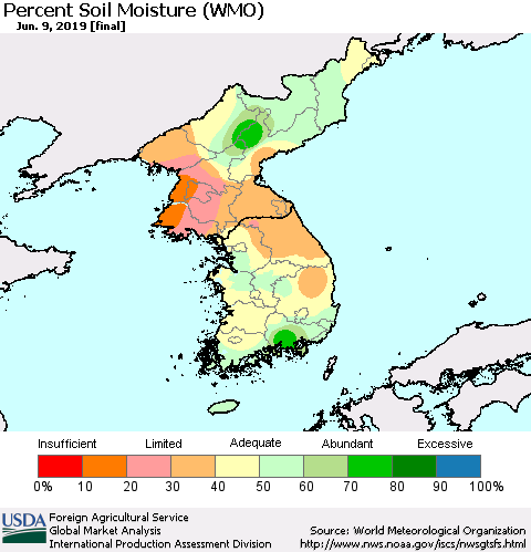 Korea Percent Soil Moisture (WMO) Thematic Map For 6/3/2019 - 6/9/2019