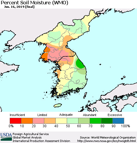 Korea Percent Soil Moisture (WMO) Thematic Map For 6/10/2019 - 6/16/2019