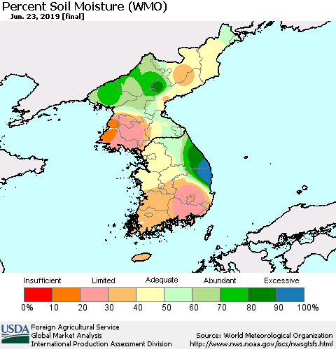 Korea Percent Soil Moisture (WMO) Thematic Map For 6/17/2019 - 6/23/2019